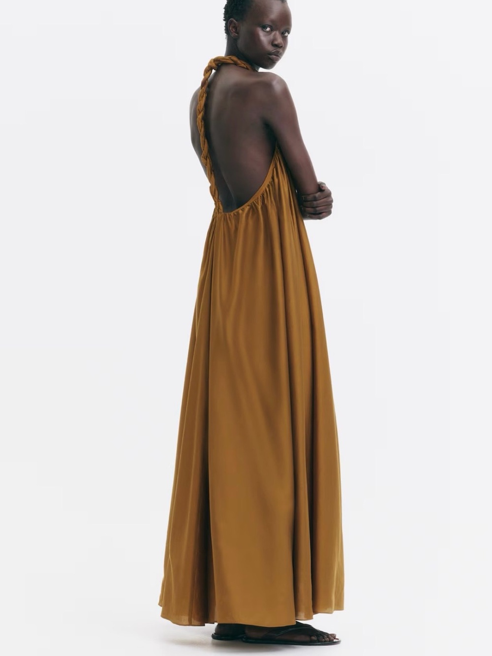 H&M Braid Detail Maxi Dress Sleeveless Flowy A-Line Halter Dk Golden Beige Large - Picture 5 of 7